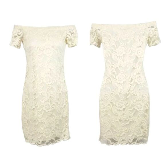 Ambiance Lace Bardot Off the Shoulder Mini Dress in Ivory Size Small - Picture 1 of 10